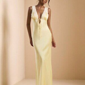Yellow Sexy Elegant Women's Deep V-Neck Lace Maxi Dress
